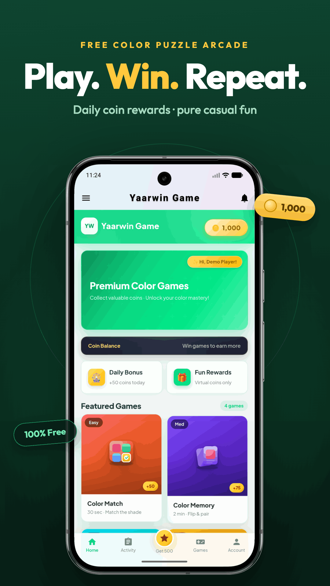 Yaarwin Game Android app home screen showing Premium Color Games, Daily Bonus and Featured Games