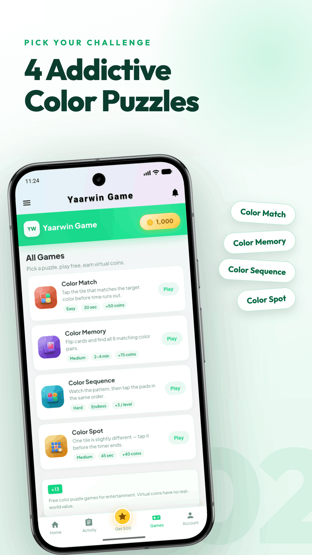 Yaarwin All Games list — Color Match, Memory, Sequence, Spot with Play buttons
