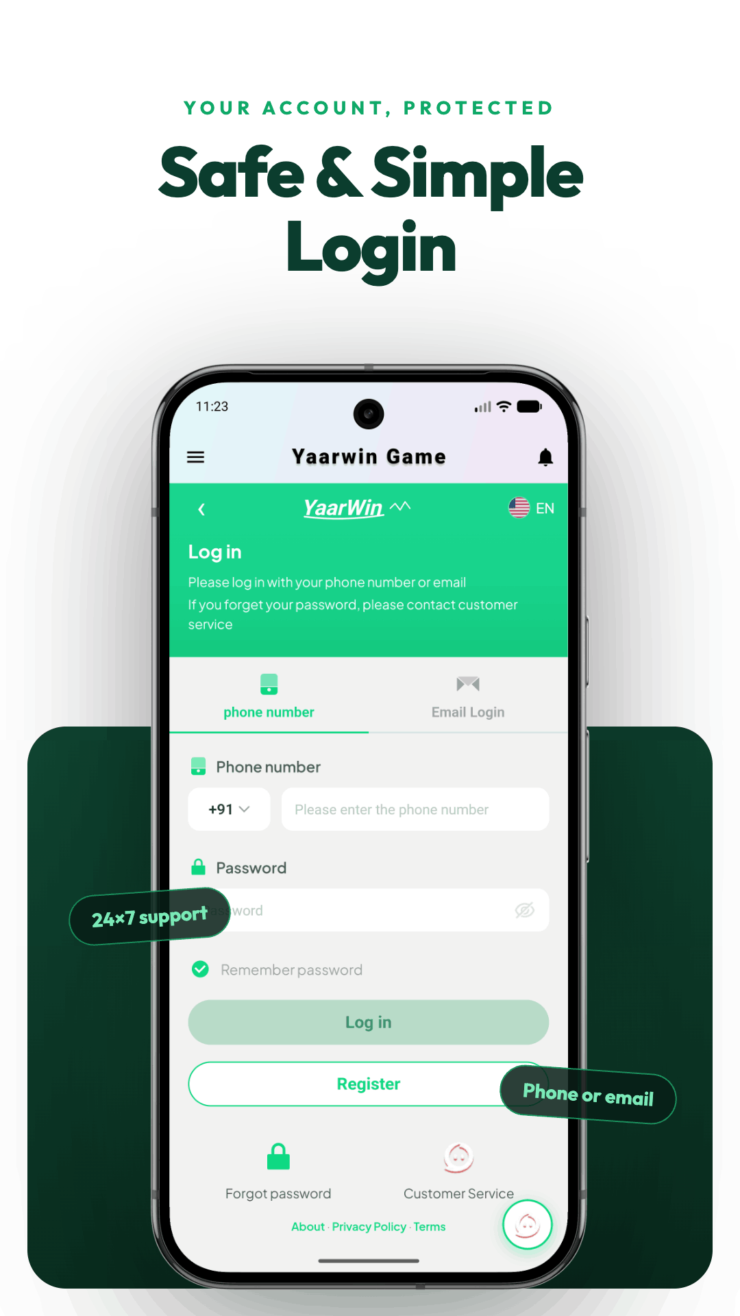 Yaarwin Log in screen with phone number and password fields