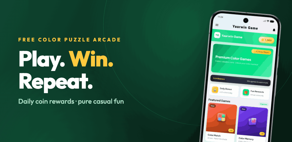 Yaarwin feature graphic — Play. Win. Repeat. Free color puzzle arcade